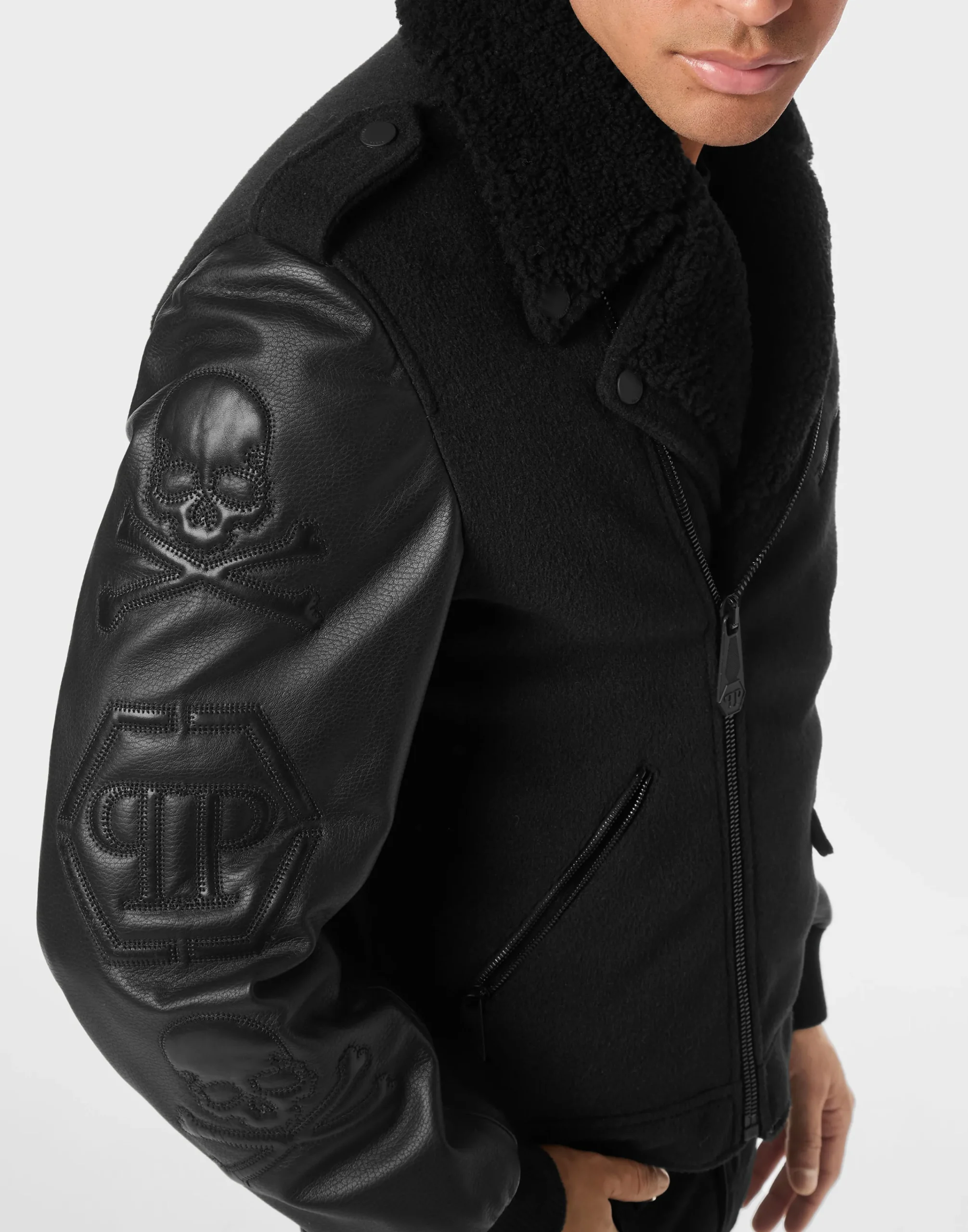 PHILIPP PLEIN Leather and Wool Varsity Biker Jacket Skull & Bones>Uomo Giacche Di Pelle|Giacche E Cappotti