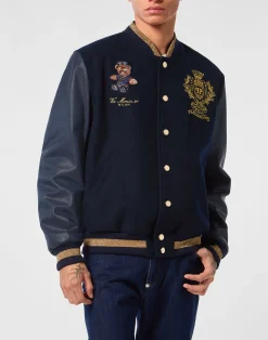 PHILIPP PLEIN Leather and Wool Varsity Bomber Teddy Doorman>Uomo Giacche Di Pelle|Giacche E Cappotti
