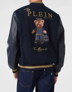 PHILIPP PLEIN Leather and Wool Varsity Bomber Teddy Doorman><noscript><img data-lazyloaded=