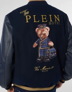 PHILIPP PLEIN Leather and Wool Varsity Bomber Teddy Doorman><noscript><img data-lazyloaded=