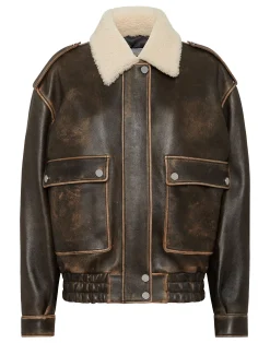 PHILIPP PLEIN Leather Aviator Jacket With Shearling Collar Signature>Donna Pelle E Pellicce|Giubbotti