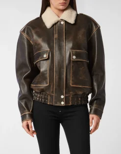 PHILIPP PLEIN Leather Aviator Jacket With Shearling Collar Signature>Donna Pelle E Pellicce|Giubbotti