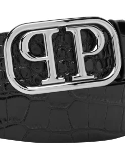PHILIPP PLEIN Leather Belt Crocco Print Shiny Skull>Uomo Cinture
