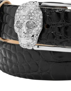 PHILIPP PLEIN Leather Belt Crocco Print Shiny Skull>Donna Cinture