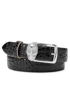 PHILIPP PLEIN Leather Belt Crocco Print Shiny Skull><noscript><img data-lazyloaded=