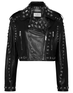 PHILIPP PLEIN Leather Biker Jacket Star Studs>Donna Pelle E Pellicce|Giubbotti
