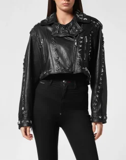 PHILIPP PLEIN Leather Biker Jacket Star Studs>Donna Pelle E Pellicce|Giubbotti