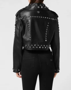 PHILIPP PLEIN Leather Biker Jacket Star Studs><noscript><img data-lazyloaded=