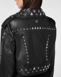 PHILIPP PLEIN Leather Biker Jacket Star Studs><noscript><img data-lazyloaded=