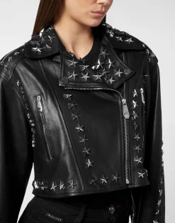 PHILIPP PLEIN Leather Biker Jacket Star Studs><noscript><img data-lazyloaded=