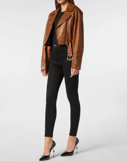 PHILIPP PLEIN Leather Biker Jacket Vintage Moon><noscript><img data-lazyloaded=