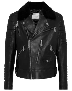 PHILIPP PLEIN Leather Biker Jacket with Shearling Collar>Uomo Giacche Di Pelle|Giacche E Cappotti