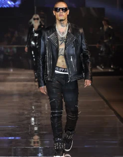 PHILIPP PLEIN Leather Biker Studs><noscript><img data-lazyloaded=
