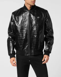 PHILIPP PLEIN Leather Bomber Cocco Print>Uomo Giacche Di Pelle|Giacche E Cappotti