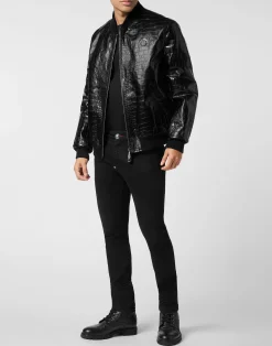 PHILIPP PLEIN Leather Bomber Cocco Print><noscript><img data-lazyloaded=