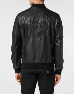 PHILIPP PLEIN Leather Bomber Jacket Skull><noscript><img data-lazyloaded=