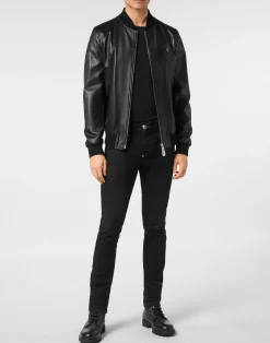 PHILIPP PLEIN Leather Bomber Jacket Skull><noscript><img data-lazyloaded=