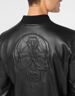 PHILIPP PLEIN Leather Bomber Jacket Skull><noscript><img data-lazyloaded=