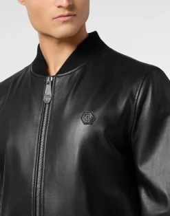 PHILIPP PLEIN Leather Bomber Jacket Skull><noscript><img data-lazyloaded=