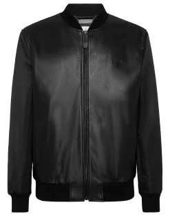 PHILIPP PLEIN Leather Bomber with Nylon Sleeves>Uomo Giacche Di Pelle|Giacche E Cappotti