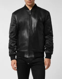 PHILIPP PLEIN Leather Bomber with Nylon Sleeves>Uomo Giacche Di Pelle|Giacche E Cappotti