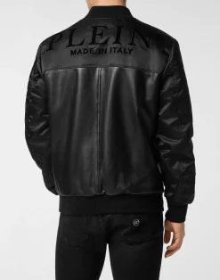 PHILIPP PLEIN Leather Bomber with Nylon Sleeves><noscript><img data-lazyloaded=