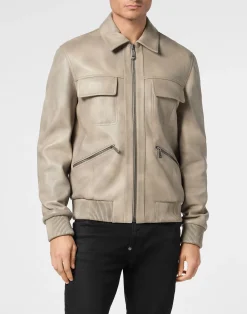 PHILIPP PLEIN Leather Coster Bomber Jacket LS>Uomo Giacche Di Pelle|Giacche E Cappotti