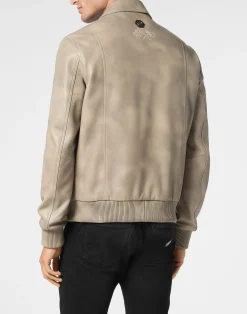 PHILIPP PLEIN Leather Coster Bomber Jacket LS><noscript><img data-lazyloaded=