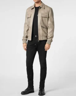 PHILIPP PLEIN Leather Coster Bomber Jacket LS><noscript><img data-lazyloaded=