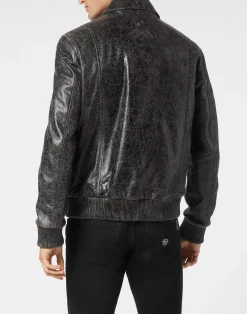 PHILIPP PLEIN Leather Coster Bomber Jacket LS><noscript><img data-lazyloaded=