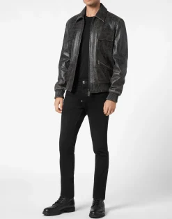 PHILIPP PLEIN Leather Coster Bomber Jacket LS><noscript><img data-lazyloaded=