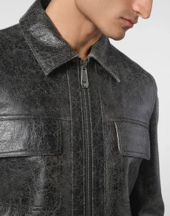 PHILIPP PLEIN Leather Coster Bomber Jacket LS><noscript><img data-lazyloaded=