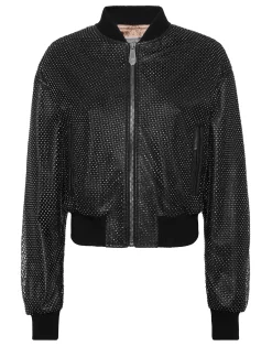PHILIPP PLEIN Leather Crop Bomber Crystal>Donna Pelle E Pellicce|Giubbotti