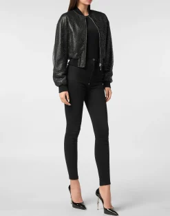 PHILIPP PLEIN Leather Crop Bomber Crystal><noscript><img data-lazyloaded=