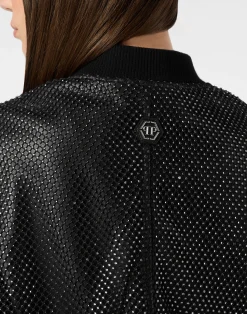 PHILIPP PLEIN Leather Crop Bomber Crystal><noscript><img data-lazyloaded=