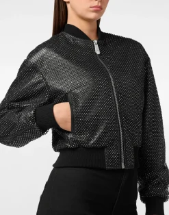 PHILIPP PLEIN Leather Crop Bomber Crystal><noscript><img data-lazyloaded=