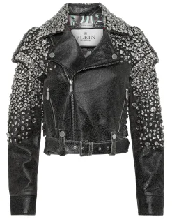 PHILIPP PLEIN Leather Cropped Biker Jacket LS Strass>Donna Pelle E Pellicce|Giubbotti