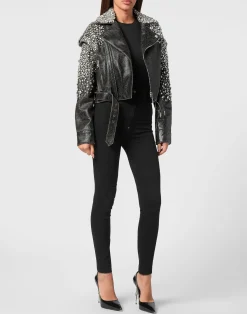 PHILIPP PLEIN Leather Cropped Biker Jacket LS Strass><noscript><img data-lazyloaded=