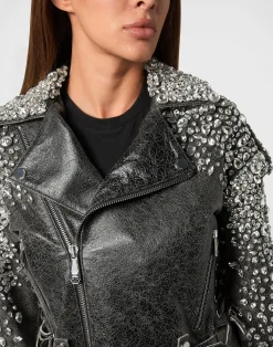 PHILIPP PLEIN Leather Cropped Biker Jacket LS Strass><noscript><img data-lazyloaded=