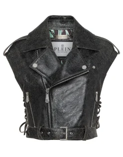 PHILIPP PLEIN Leather Cropped Biker Vest Gothic Plein>Donna Pelle E Pellicce|Giubbotti