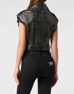 PHILIPP PLEIN Leather Cropped Biker Vest Gothic Plein><noscript><img data-lazyloaded=