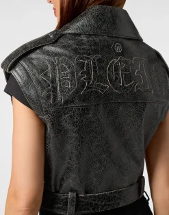 PHILIPP PLEIN Leather Cropped Biker Vest Gothic Plein><noscript><img data-lazyloaded=
