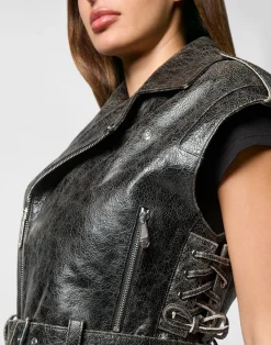PHILIPP PLEIN Leather Cropped Biker Vest Gothic Plein><noscript><img data-lazyloaded=