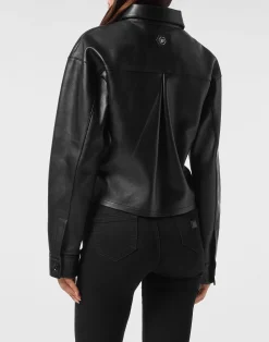 PHILIPP PLEIN Leather Cropped Shirt Signature><noscript><img data-lazyloaded=