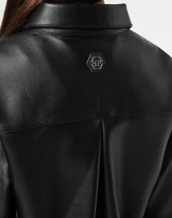PHILIPP PLEIN Leather Cropped Shirt Signature><noscript><img data-lazyloaded=