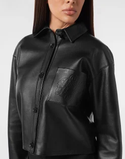 PHILIPP PLEIN Leather Cropped Shirt Signature><noscript><img data-lazyloaded=