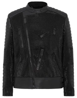 PHILIPP PLEIN Leather Disco Biker Jacket Crystals>Uomo Giacche Di Pelle|Giacche E Cappotti