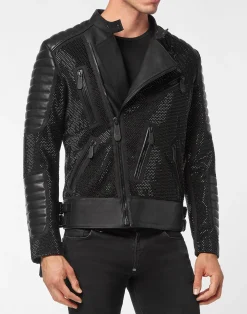 PHILIPP PLEIN Leather Disco Biker Jacket Crystals>Uomo Giacche Di Pelle|Giacche E Cappotti