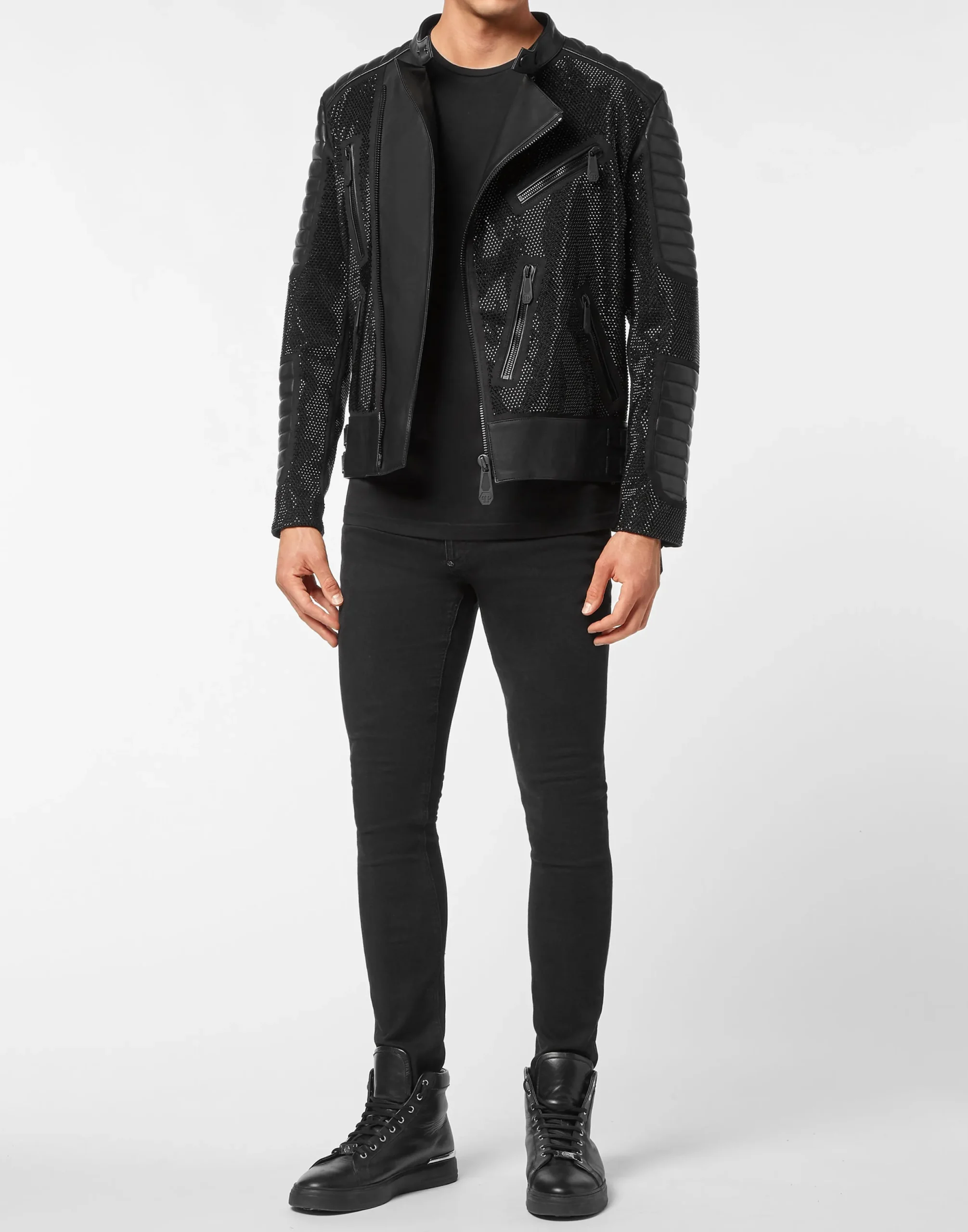 PHILIPP PLEIN Leather Disco Biker Jacket Crystals>Uomo Giacche Di Pelle|Giacche E Cappotti