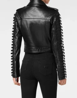 PHILIPP PLEIN Leather Jacket Crystal Skull><noscript><img data-lazyloaded=